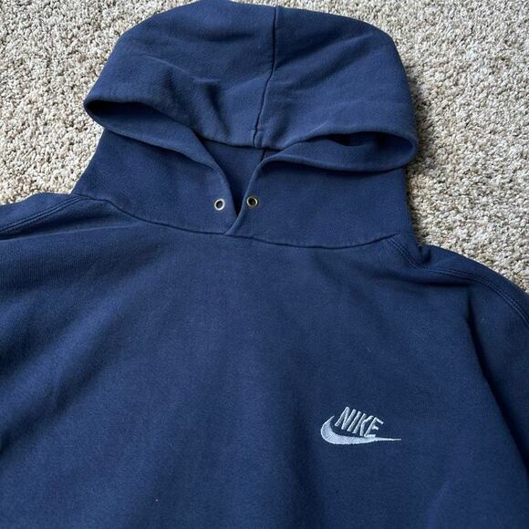Vintage 90s Baggy Nike Check Navy Cotton Hoodie Sweatshirt - Picture 5 of 7